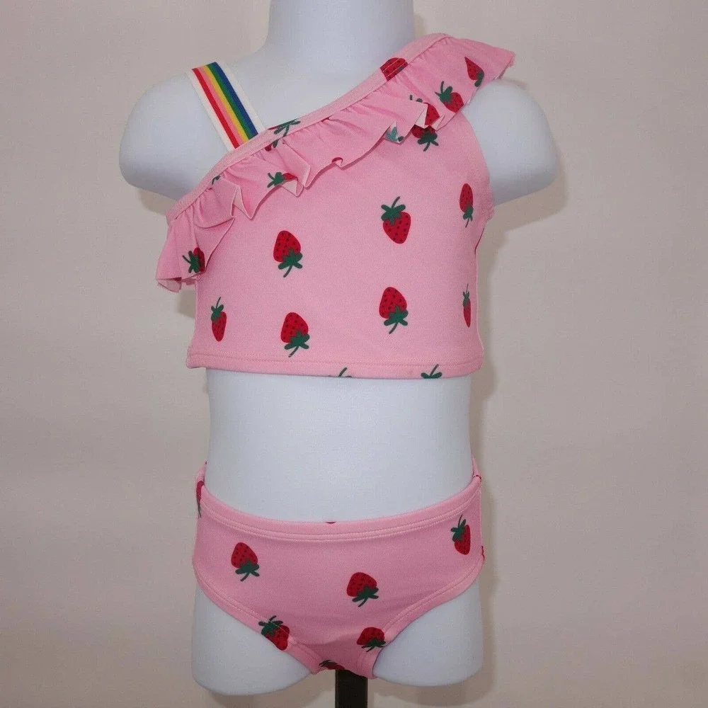 NEW Hanna Andersson Pink Strawberry Ruffle Tankini Swimsuit Size 80 18-2…